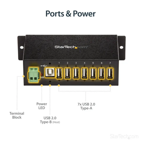 StarTech.com 7-Port USB 2.0 Hub – Metal Industrial USB-A Hub with ESD Protection & 350W Surge Protection – Din Rail, Wall or Desk Mountable – TAA Compliant USB Expander Hub