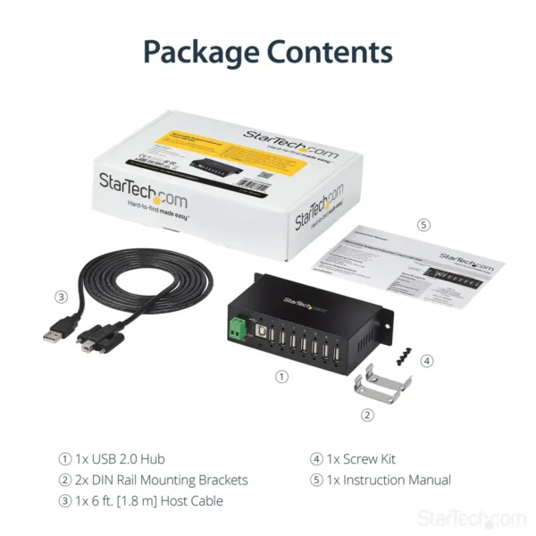 StarTech.com 7-Port USB 2.0 Hub – Metal Industrial USB-A Hub with ESD Protection & 350W Surge Protection – Din Rail, Wall or Desk Mountable – TAA Compliant USB Expander Hub