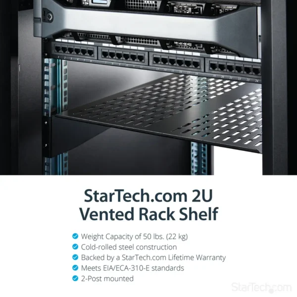 StarTech.com 2U Server Rack Shelf – Universal Vented Rack Mount Cantilever Tray for 19″ Network Equipment Rack & Cabinet – Heavy Duty Steel - Weight Capacity 50lb/23kg – 22″ Deep Shelf, Black