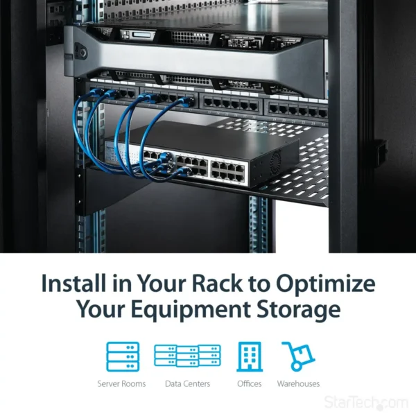 StarTech.com 2U Server Rack Shelf – Universal Vented Rack Mount Cantilever Tray for 19″ Network Equipment Rack & Cabinet – Heavy Duty Steel - Weight Capacity 50lb/23kg – 22″ Deep Shelf, Black