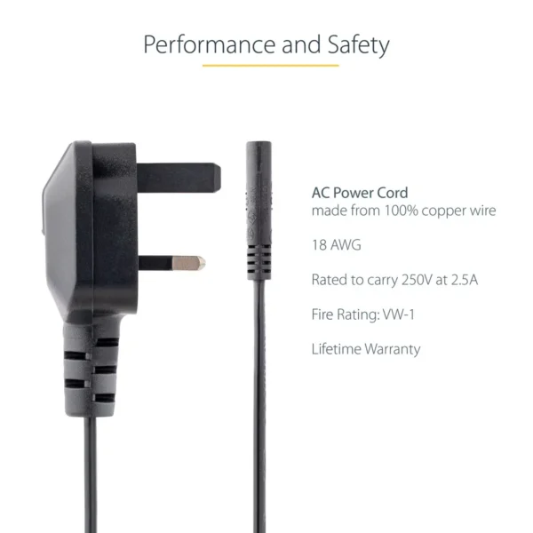 StarTech.com 6ft (2m) UK Laptop Power Cable, BS 1363 to C7, 2.5A 250V, 18AWG, Black, UK Laptop Replacement Cord, Printer Power Cable, AC Laptop Charger Cord, Laptop Power Brick Cord