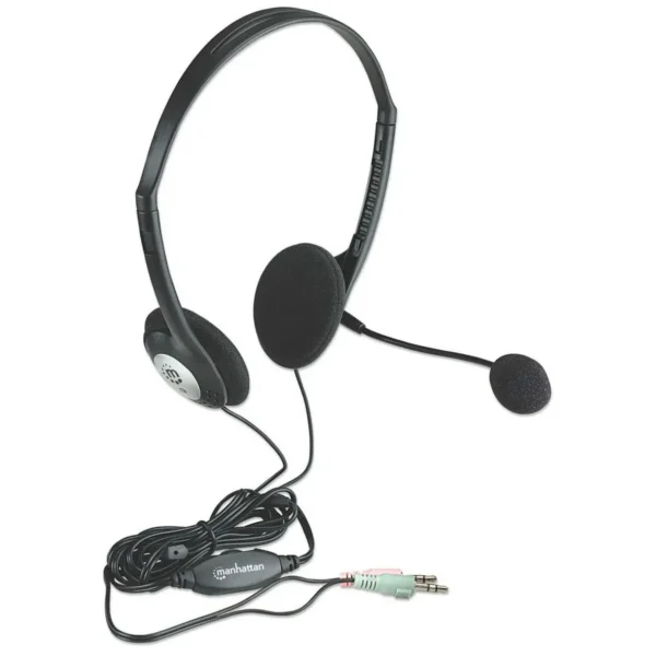 Manhattan Stereo On-Ear Headset (3.5mm), Microphone Boom, In-Line Volume Control, Foam Earpads, Standard 2x 3.5mm stereo jack/plug for audio/mic use, cable 2m, Black, Three Year Warranty