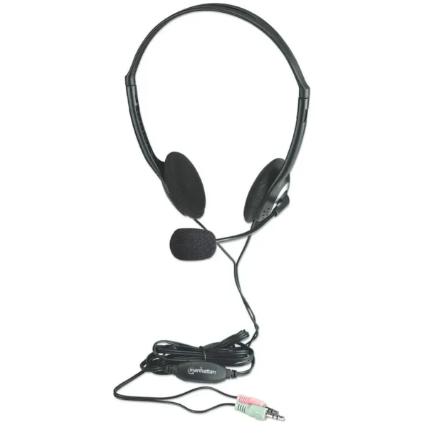 Manhattan Stereo On-Ear Headset (3.5mm), Microphone Boom, In-Line Volume Control, Foam Earpads, Standard 2x 3.5mm stereo jack/plug for audio/mic use, cable 2m, Black, Three Year Warranty