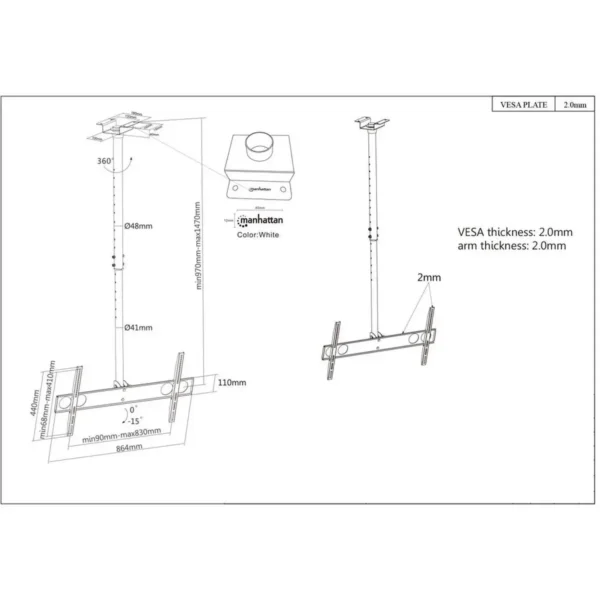 Manhattan Ceiling Mount for TV & Monitors, For screens: 37″ to 75″, Adjustable height: 105-156 cm, VESA compatability: all between 200×200 to 800x400mm – check the dimensions of the four mounting holes on back of screen to ensure it fits, Max 50kg, LFD,Bracket