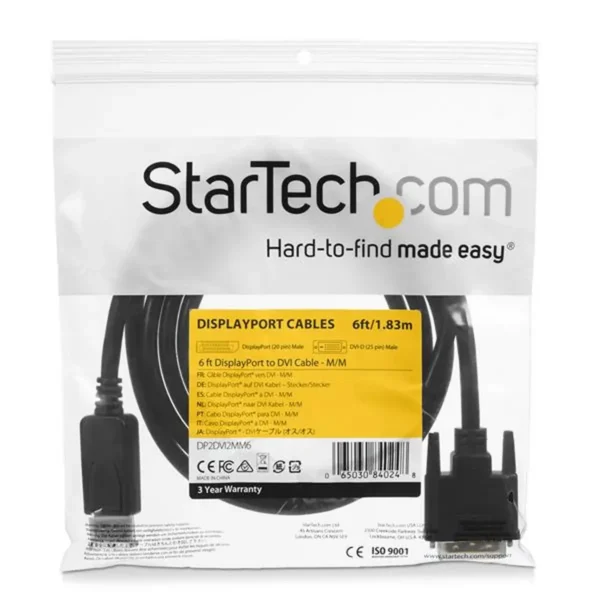 StarTech.com 6ft (1.8m) DisplayPort to DVI Cable, DisplayPort to DVI Adapter Cable, Passive DP to DVI-D Video Converter, 1080p – Replacement for DP2DVIMM6
