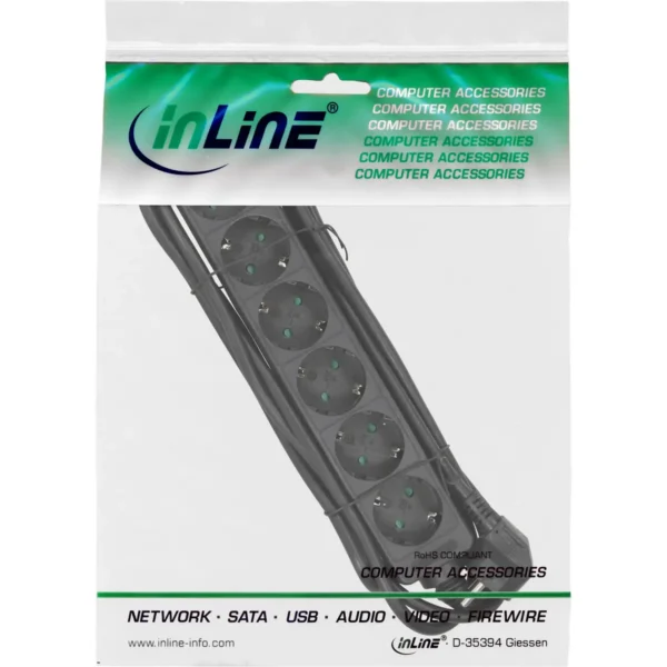 InLine Socket strip, 6-way earth contact CEE 7/3, black, 5m
