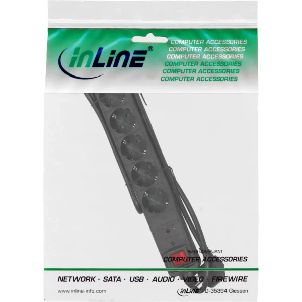 InLine Socket strip CEE 7/3, 6-way, overvoltage protection, switch, black