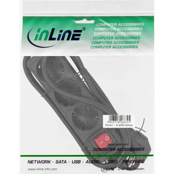 InLine Socket strip, 3-way earth contact CEE 7/3, with switch, black, 5m