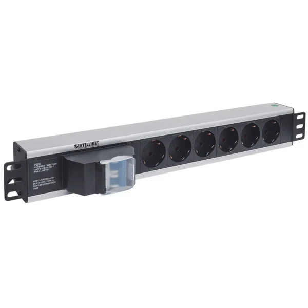 Intellinet 19″ 1.5U Rackmount 6-Output Power Distribution Unit (PDU) EU CEE 7/3 Outlets, With Double Air Switch, No Surge Protection, Built-in 1.8m Power Cord with EU CEE 7/4 Plug