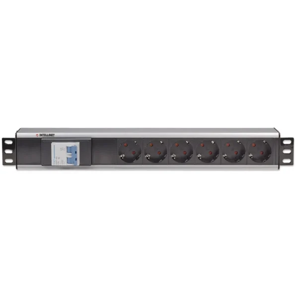 Intellinet 19″ 1.5U Rackmount 6-Output Power Distribution Unit (PDU) EU CEE 7/3 Outlets, With Double Air Switch, No Surge Protection, Built-in 1.8m Power Cord with EU CEE 7/4 Plug