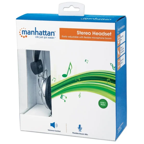 Manhattan Stereo Over-Ear Headset (3.5mm), Microphone Boom (padded), Adjustable Steel Headband, In-Line Volume Control, Ear Cushions, Std 2x 3.5mm stereo jack/plug for audio/mic use, cable 2.5m, 3 Year Warranty