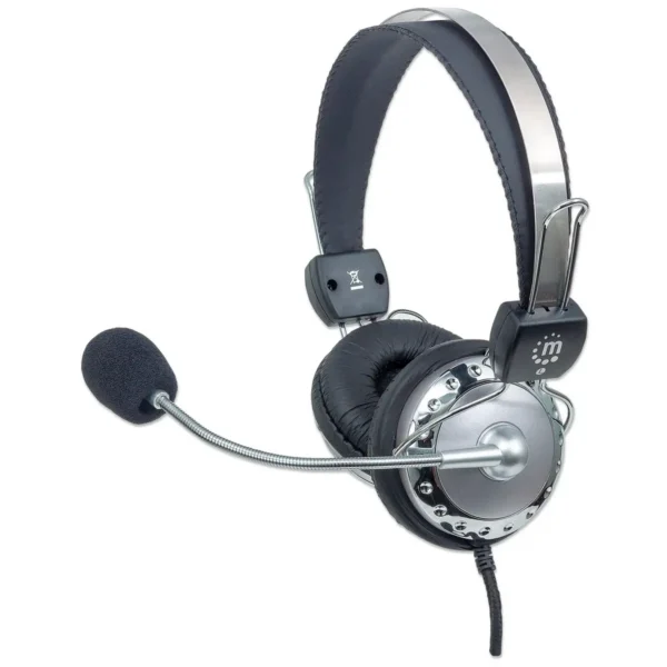 Manhattan Stereo Over-Ear Headset (3.5mm), Microphone Boom (padded), Adjustable Steel Headband, In-Line Volume Control, Ear Cushions, Std 2x 3.5mm stereo jack/plug for audio/mic use, cable 2.5m, 3 Year Warranty