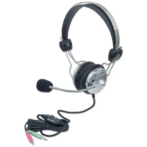 Manhattan Stereo Over-Ear Headset (3.5mm), Microphone Boom (padded), Adjustable Steel Headband, In-Line Volume Control, Ear Cushions, Std 2x 3.5mm stereo jack/plug for audio/mic use, cable 2.5m, 3 Year Warranty