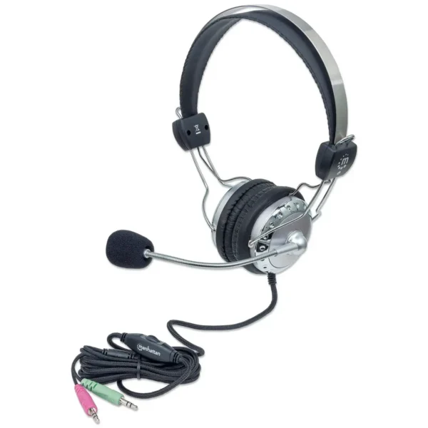 Manhattan Stereo Over-Ear Headset (3.5mm), Microphone Boom (padded), Adjustable Steel Headband, In-Line Volume Control, Ear Cushions, Std 2x 3.5mm stereo jack/plug for audio/mic use, cable 2.5m, 3 Year Warranty