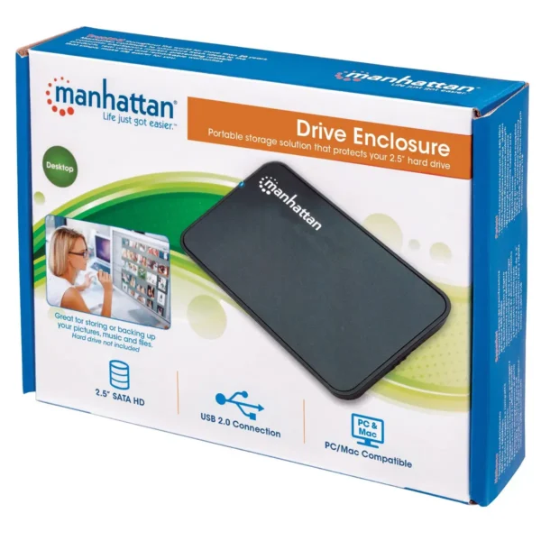 Manhattan Drive Enclosure, 2.5″, USB-A, 480 Mbps (USB 2.0), SATA, Black, Sturdy, Plastic, Hi-Speed USB, Windows or Mac, Three Year Warranty, Boxed