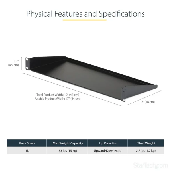 StarTech.com 1U Server Rack Shelf, Universal Rack Mount Cantilever Tray for 19″ Network Equipment Rack/Cabinet, Heavy Duty Steel, Weight Capacity 33lb/15kg, 7in (18cm) Deep