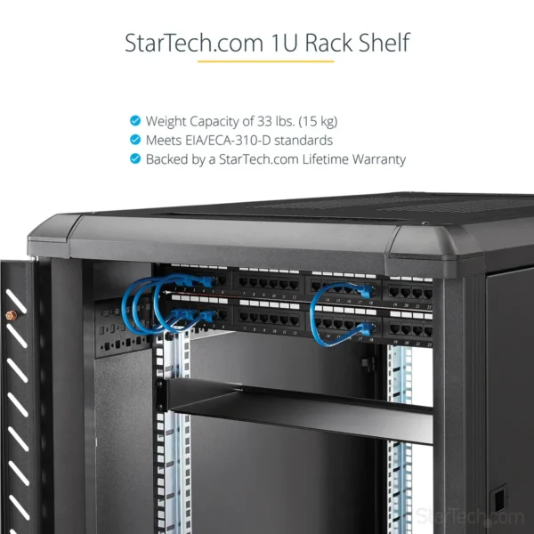 StarTech.com 1U Server Rack Shelf, Universal Rack Mount Cantilever Tray for 19″ Network Equipment Rack/Cabinet, Heavy Duty Steel, Weight Capacity 33lb/15kg, 7in (18cm) Deep