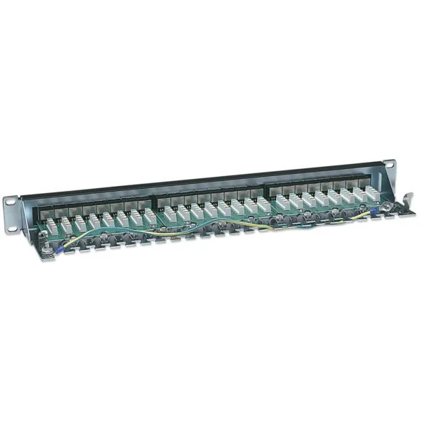 Intellinet Patch Panel, Cat6, FTP, 24-Port, 1U, Shielded, 90° Top-Entry Punch-Down Blocks, Black