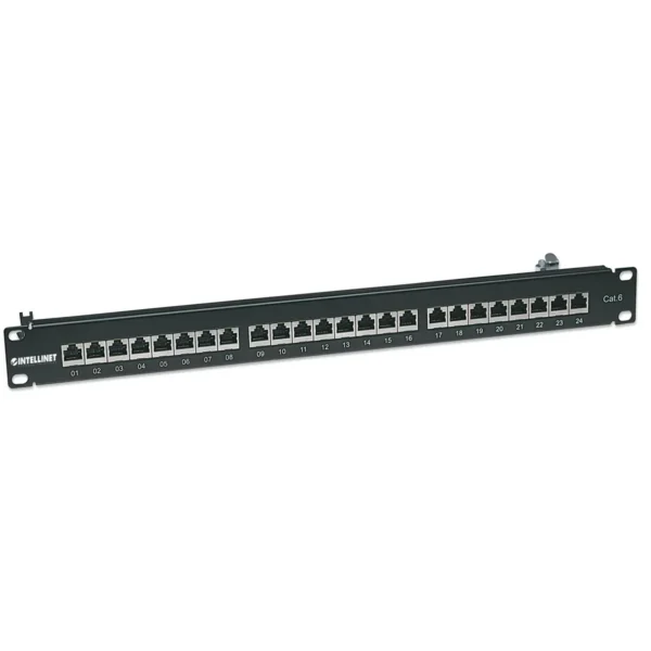 Intellinet Patch Panel, Cat6, FTP, 24-Port, 1U, Shielded, 90° Top-Entry Punch-Down Blocks, Black