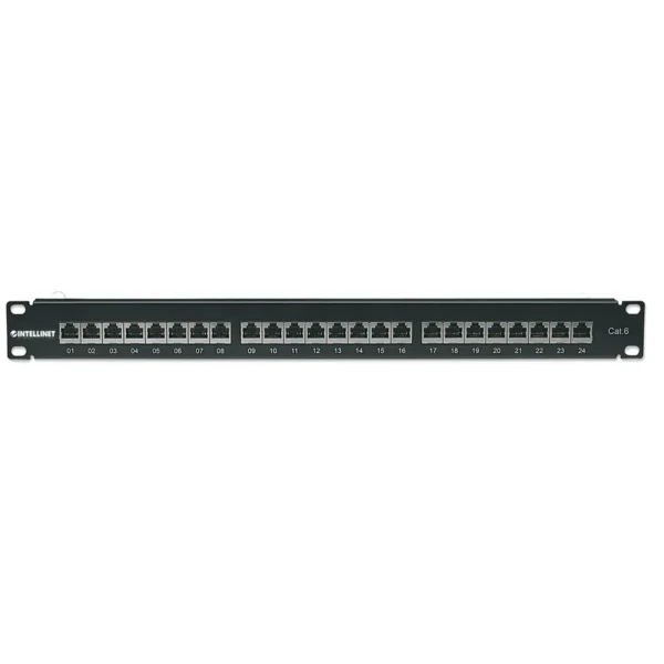 Intellinet Patch Panel, Cat6, FTP, 24-Port, 1U, Shielded, 90° Top-Entry Punch-Down Blocks, Black