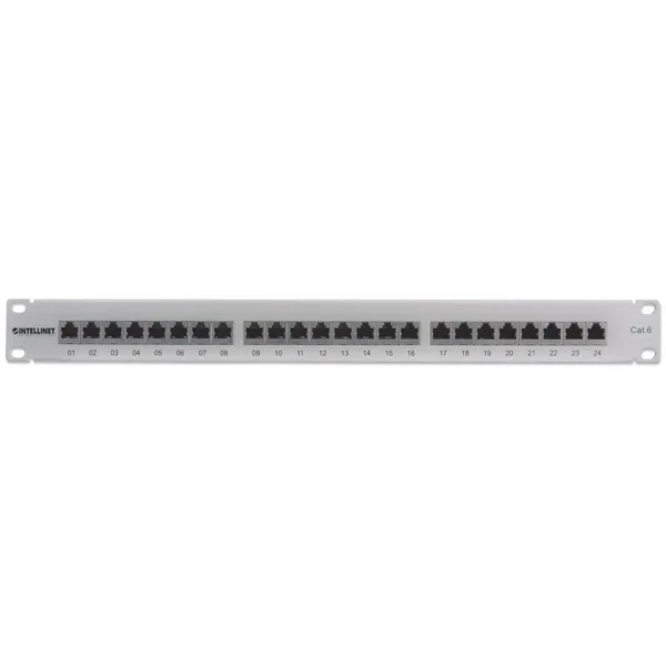 Intellinet Patch Panel, Cat6, FTP, 24-Port, 1U, Shielded, 90° Top-Entry Punch-Down Blocks, Grey
