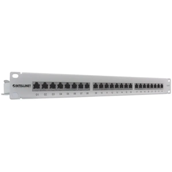 Intellinet Patch Panel, Cat6, FTP, 24-Port, 1U, Shielded, 90° Top-Entry Punch-Down Blocks, Grey