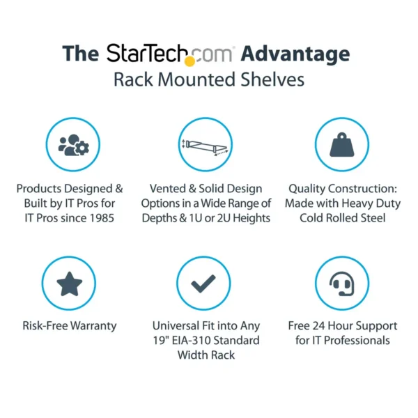 StarTech.com 2U Server Rack Shelf – Universal Vented Rack Mount Cantilever Tray for 19″ Network Equipment Rack & Cabinet – Heavy Duty Steel – Weight Capacity 50lb/23kg – 16″ Deep Shelf, Black