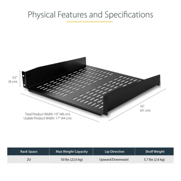 StarTech.com 2U Server Rack Shelf – Universal Vented Rack Mount Cantilever Tray for 19″ Network Equipment Rack & Cabinet – Heavy Duty Steel – Weight Capacity 50lb/23kg – 16″ Deep Shelf, Black