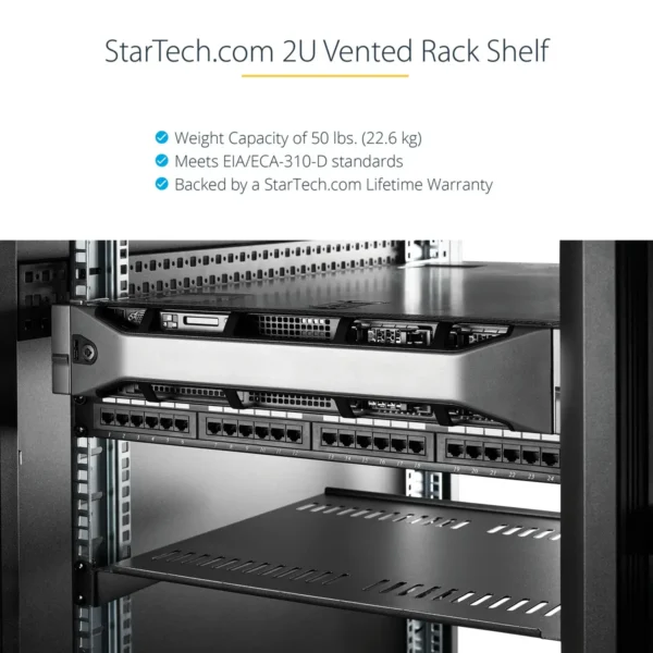 StarTech.com 2U Server Rack Shelf – Universal Vented Rack Mount Cantilever Tray for 19″ Network Equipment Rack & Cabinet – Heavy Duty Steel – Weight Capacity 50lb/23kg – 16″ Deep Shelf, Black