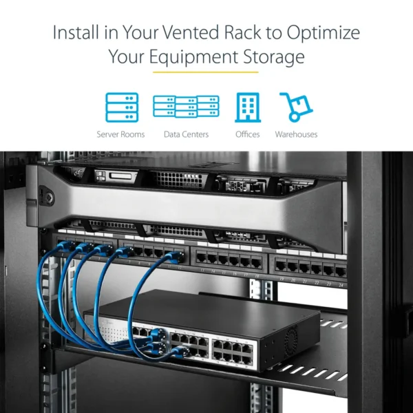 StarTech.com 2U Server Rack Shelf – Universal Vented Rack Mount Cantilever Tray for 19″ Network Equipment Rack & Cabinet – Heavy Duty Steel – Weight Capacity 50lb/23kg – 16″ Deep Shelf, Black
