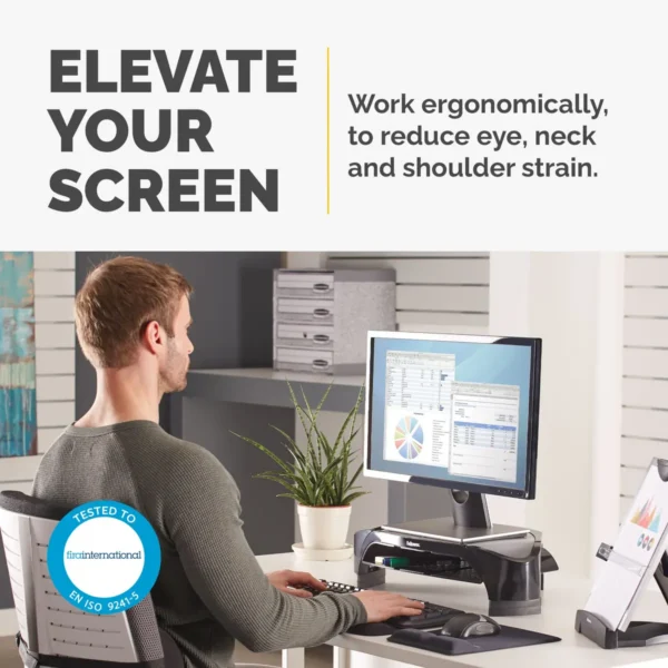 Fellowes Computer Monitor Stand with 3 Height Adjustments – Smart Suites Monitor Riser Plus with Storage Area – Ergonomic Adjustable Monitor Stand for Computers – Max Weight 10KG/Max Size 21″ – Black