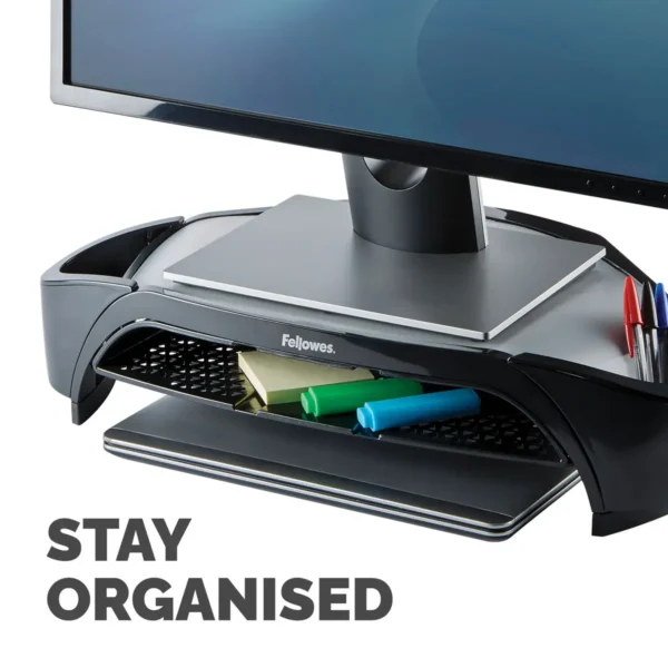 Fellowes Computer Monitor Stand with 3 Height Adjustments – Smart Suites Monitor Riser Plus with Storage Area – Ergonomic Adjustable Monitor Stand for Computers – Max Weight 10KG/Max Size 21″ – Black