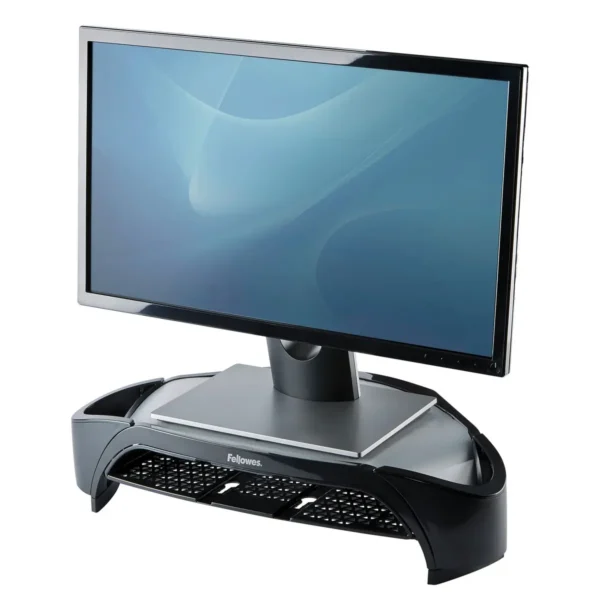 Fellowes Computer Monitor Stand with 3 Height Adjustments – Smart Suites Monitor Riser Plus with Storage Area – Ergonomic Adjustable Monitor Stand for Computers – Max Weight 10KG/Max Size 21″ – Black