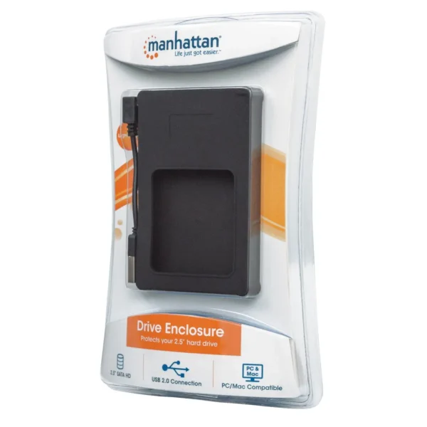 Manhattan Drive Enclosure, 2.5″, USB-A, 480 Mbps (USB 2.0), SATA, Black, Silicone, Hi-Speed USB, Windows or Mac, Three Year Warranty, Blister