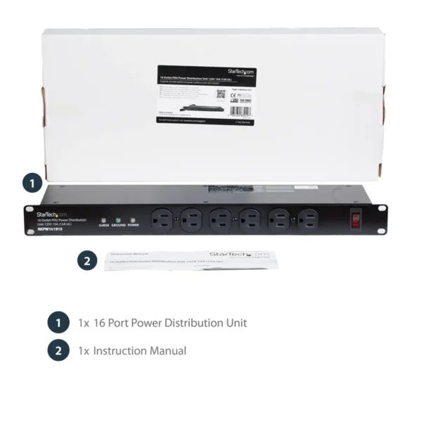 StarTech.com Rackmount PDU with 16 Outlets and Surge Protection – 1U