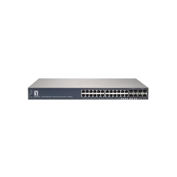 LevelOne 28-Port L2 Managed Gigabit PoE Switch, 802.3at/af PoE, 4 x SFP/RJ45 Combo, 4 x 10GbE SFP+, 185W, 24 PoE Outputs