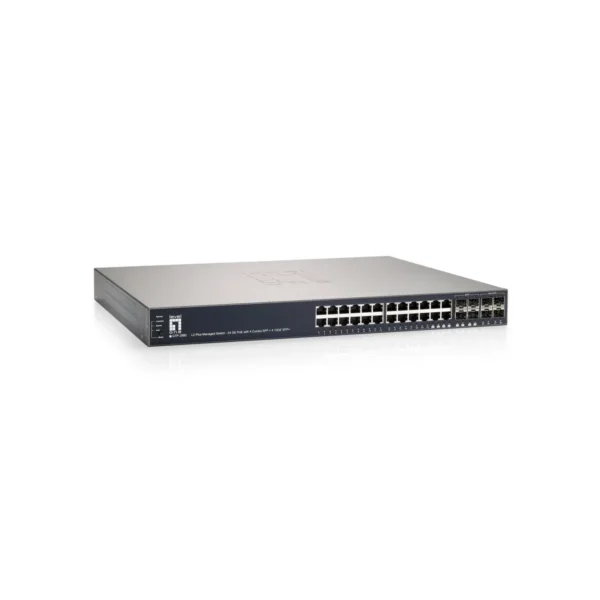 LevelOne 28-Port L2 Managed Gigabit PoE Switch, 802.3at/af PoE, 4 x SFP/RJ45 Combo, 4 x 10GbE SFP+, 185W, 24 PoE Outputs
