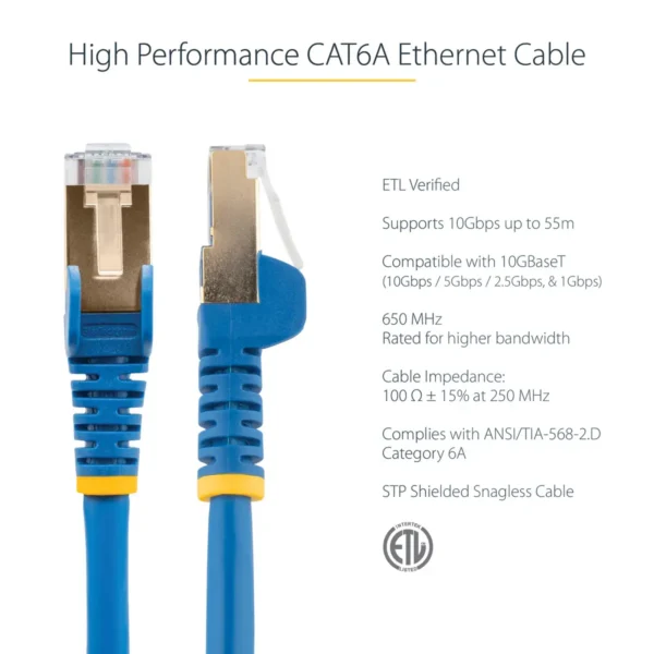 StarTech.com 14ft CAT6a Ethernet Cable – 10 Gigabit Shielded Snagless RJ45 100W PoE Patch Cord – 10GbE STP Network Cable w/Strain Relief – Blue Fluke Tested/Wiring is UL Certified/TIA
