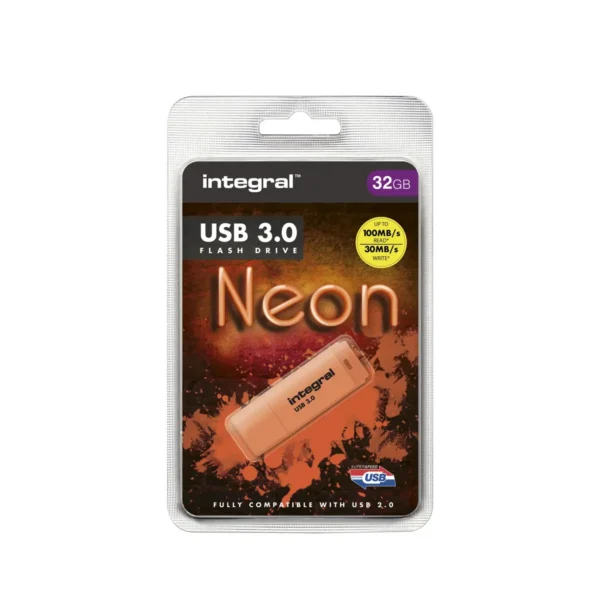 Integral 32GB USB3.0 DRIVE NEON ORNG UP TO R-100 W-30 MBS