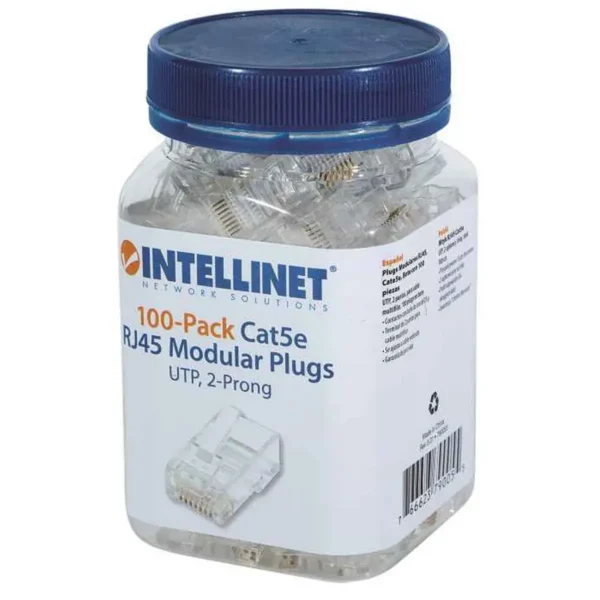 Intellinet RJ45 Modular Plugs, Cat5e, UTP, 2-prong, for stranded wire, 15 µ gold plated contacts, 100 pack
