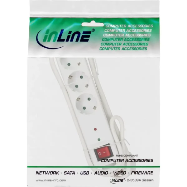 InLine Socket strip CEE 7/3, 3-way, overvoltage protection, switch, white
