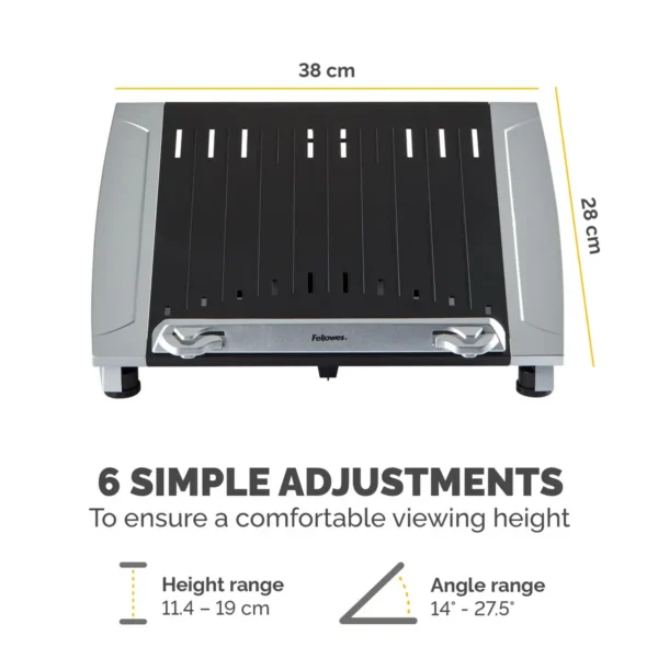 Fellowes Laptop Stand for Desk – Office Suites Plus Adjustable Laptop Stand for the Home and Office – Laptop Riser with 5 Height Adjustments – Max Monitor Size 17″, Max Weight 5KG – Black/Silver