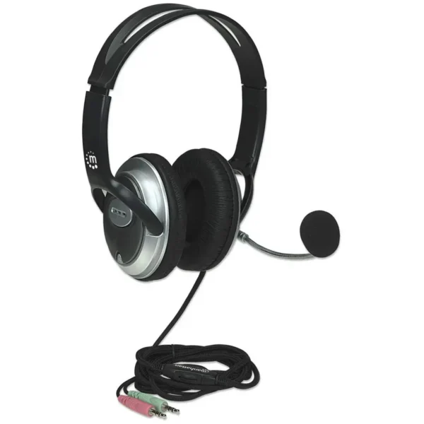 Manhattan Stereo Over-Ear Headset (3.5mm), Microphone Boom (padded), Adjustable Steel Headband, In-Line Volume Control, Ear Cushions, Std 2x 3.5mm stereo jack/plug for audio/mic use, cable 2.5m, 3 Year Warranty