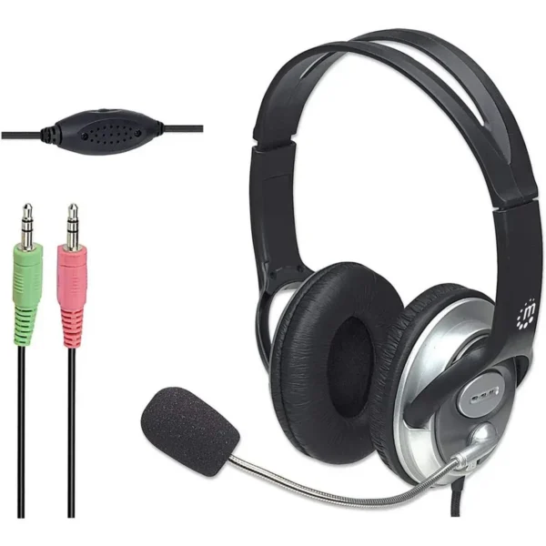 Manhattan Stereo Over-Ear Headset (3.5mm), Microphone Boom (padded), Adjustable Steel Headband, In-Line Volume Control, Ear Cushions, Std 2x 3.5mm stereo jack/plug for audio/mic use, cable 2.5m, 3 Year Warranty