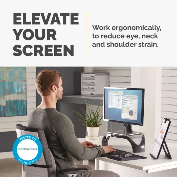 Fellowes Computer Monitor Stand with 3 Height Adjustments – Smart Suites Monitor Riser – Ergonomic Adjustable Monitor Stand for Computers – Max Weight 10KG/Max Size 21″ – Black