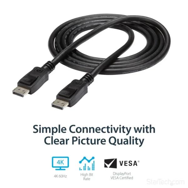 StarTech.com 6ft (2m) DisplayPort 1.2 Cable – 4K x 2K Ultra HD VESA Certified DisplayPort Cable – DP to DP Cable for Monitor – DP Video/Display Cord – Latching DP Connectors