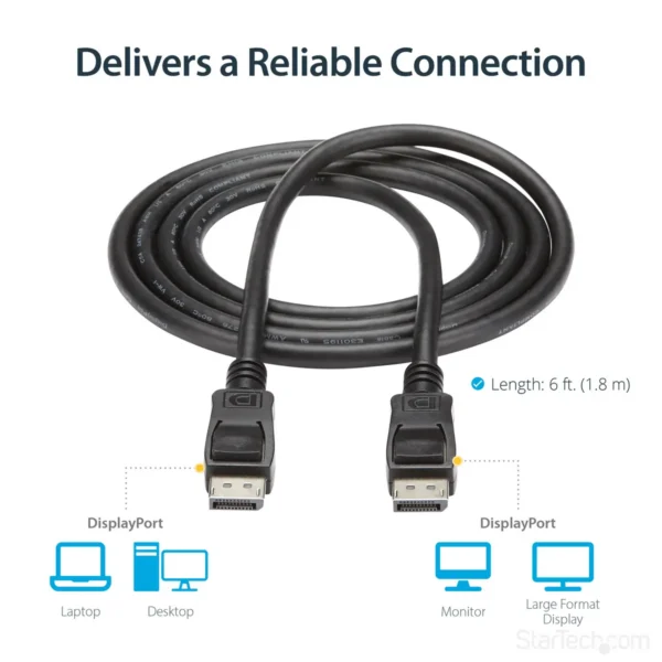 StarTech.com 6ft (2m) DisplayPort 1.2 Cable – 4K x 2K Ultra HD VESA Certified DisplayPort Cable – DP to DP Cable for Monitor – DP Video/Display Cord – Latching DP Connectors
