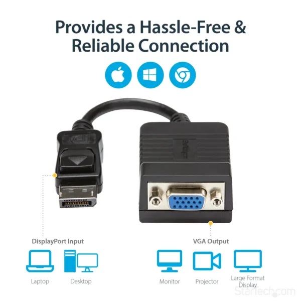 StarTech.com DisplayPort to VGA Adapter – Active DP to VGA Converter – 1080p Video – Durable – DP/DP++ Source to VGA Monitor Cable Adapter Dongle – DP 1.2 to VGA – Latching DP Connector