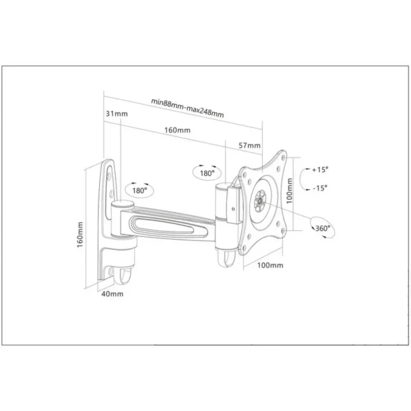 Manhattan Wall Mount for TV & Monitors (Tilt and Swivel 2 pivots), For screens 13″ to 27″, VESA compatability: 75x75mm and 100x100mm – check the dimensions of the four mounting holes on back of screen to ensure it fits, Max 15kg, Black, Bracket