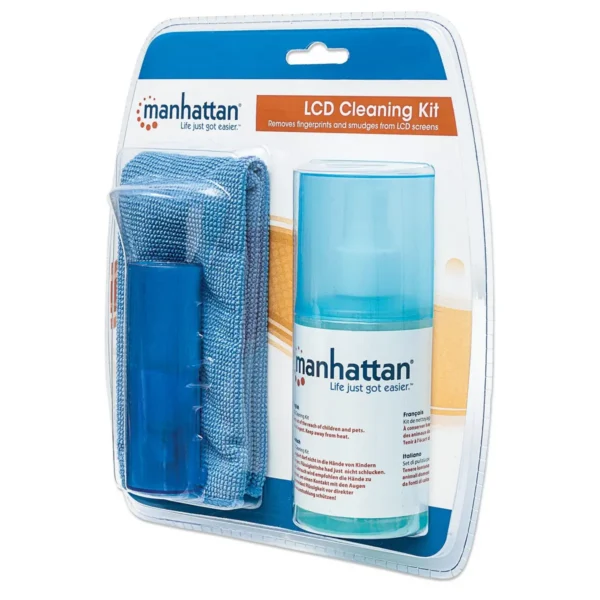 Manhattan LCD Cleaning Kit, Alcohol-free, Includes Cleaning Solution (200ml), Brush and Microfibre Cloth, Ideal for use on monitors/laptops/keyboards/etc, Three Year Warranty